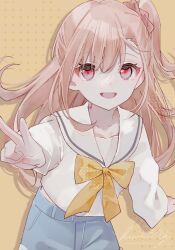 1girl artist_name blue_shorts bow commentary_request hair_ornament hair_scrunchie highres ikizulive!_love_live!_bluebird kiwi500g long_hair looking_at_viewer love_live! open_mouth orange_background orange_hair red_eyes sailor_collar scrunchie shirt shorts side_ponytail signature smile solo takahashi_polka v watermark white_sailor_collar white_shirt yellow_bow