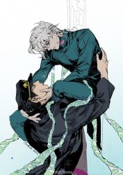 2boys asymmetrical_bangs black_eyes black_hair black_jacket cherry_earrings collared_jacket danai_ym earrings food-themed_earrings food_themed_earrings gakuran gradient_background green_jacket green_pants hand_on_another&#039;s_back hand_on_another&#039;s_face hat highres jacket jewelry jojo_no_kimyou_na_bouken kakyoin_noriaki kuujou_joutarou looking_at_another male_focus multiple_boys pale_skin pants parted_lips school_uniform short_hair smile stand_(jojo) stardust_crusaders very_short_hair watermark weibo_watermark white_hair yaoi