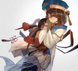 1girl black_hair blue_headwear blush breasts bridal_gauntlets brown_eyes character_doll chinese_clothes doll fate/grand_order fate_(series) hair_ornament hair_over_one_eye hairpin hat highres holding holding_doll lack long_sleeves looking_at_viewer mole mole_under_eye orb robe short_hair small_breasts smile thighs white_robe wide_sleeves xu_fu_(fate) xu_fu_(first_ascension)_(fate) yu_mei-ren_(fate)