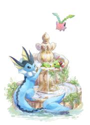 Rule 34 | bathing, bird, black eyes, bright pupils, closed mouth, floating, fountain, full body, gen 1 pokemon, gen 2 pokemon, highres, hoppip, moss, natu, nintendo, no humans, pokemon, pokemon (creature), ripples, vaporeon, volpecorvo, water, white background, white pupils, yellow eyes