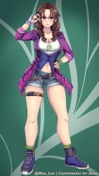 1girl breasts brown_eyes brown_hair cleavage fingerless_gloves full_body glasses gloves hand_on_own_hip highres julia_chang legs namco navel shoes shorts socks tekken tekken_7 weekun