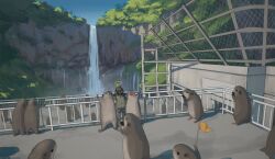 1other animal black_hair camera cellphone dark_skin double_v gopher_(animal) green_jacket highres holding holding_camera holding_phone jacket original outdoors phone railing scenery shorts smartphone taking_picture tensen_(dotted_line) v water waterfall wide_shot yellow_eyes