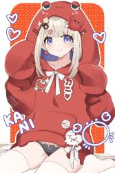1girl amanogawa_shiina amanogawa_shiina_(2nd_costume) black_panties blonde_hair bow claws closed_mouth collarbone crab_claw crab_hood earrings hair_bow hair_ornament heart heart_hair_ornament highres hood hoodie jewelry n4391 no_pants panties phase_connect purple_eyes red_hoodie scissors_hair_ornament smile solo star_(symbol) thighhighs underwear virtual_youtuber white_bow white_thighhighs