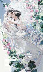 2girls absurdres black_hair bridal_veil bride closed_eyes couple dress elbow_gloves female_focus flower gloves highres hug kiss multiple_girls original pink_flower veil wedding wedding_dress white_dress white_gloves wife_and_wife yuri zhiyehuang