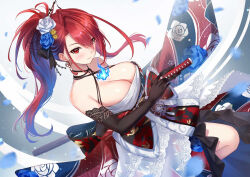 1girl ahoge artist_name bare_shoulders black_gloves blue_fire blue_flower blue_hair blue_rose blush breasts chest_sarashi cleavage closed_mouth colored_inner_hair dutch_angle earrings elbow_gloves elizabeth_rose_bloodflame elizabeth_rose_bloodflame_(new_year) eyes_visible_through_hair falling_petals fire fire_on_chest floating_hair floral_print floral_print_kimono flower gloves hair_flower hair_ornament hair_stick holding holding_sword holding_weapon hololive hololive_english huge_ahoge japanese_clothes jewelry katana kimono large_breasts looking_at_viewer multicolored_hair multicolored_kimono official_alternate_costume petals ponytail print_kimono red_eyes red_hair rose sarashi sebu_illust sheath sheathed smile solo sword tassel tassel_earrings two-tone_hair virtual_youtuber weapon white_background white_flower white_rose