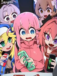 1girl 4boys absurdres animal_ear_fluff animal_ears antenna_hair arizona_(drink) artist_name astolfo_(fate) blonde_hair bocchi_the_rock! bongfill breasts bridget_(guilty_gear) brown_hair can commentary crossover cube_hair_ornament fang fate_(series) felix_argyle gotoh_hitori green_eyes guilty_gear guitar_case hair_between_eyes hair_intakes hair_ornament hand_up highres holding holding_can instrument_case jacket komi-san_wa_komyushou_desu large_breasts long_sleeves looking_at_another monster_energy multiple_boys multiple_crossover multiple_others no_pupils one_side_up open_mouth osana_najimi_(komi-san_wa_komyushou_desu) pink_hair pink_jacket purple_eyes purple_hair re:zero_kara_hajimeru_isekai_seikatsu red_sailor_collar sailor_collar shaded_face shirt skin_fang symbol-only_commentary thick_eyebrows track_jacket trap v-shaped_eyebrows white_shirt