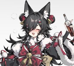 1girl animal_ear_fluff animal_ears black_dress bottle closed_eyes commission dress drooling drunk hair_over_one_eye highres holding holding_bottle lite_luyu long_hair one_eye_covered open_mouth original simple_background smile solo white_background wide_sleeves