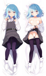 1girl ahoge bare_shoulders bed_sheet belt blue_hair blush bow breasts censored censored_nipples closed_mouth clothes_lift clothes_pull collarbone collared_shirt commentary dakimakura_(medium) dot_mouth dot_nose dress dress_lift hair_between_eyes head_tilt highres komone_ushio lifting_own_clothes light_censor looking_at_viewer luna_(komone_ushio) multiple_views no_shoes nude original pantyhose pantyhose_pull purple_dress purple_eyes purple_pantyhose school_uniform shirt short_hair sidelocks sleeveless sleeveless_dress small_breasts socks solo unworn_shirt white_bow white_shirt white_socks