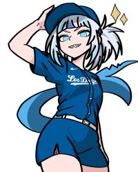 1girl baseball_cap baseball_uniform becauseimajinx belt blue_eyes blue_hair blue_shirt blue_shorts blunt_bangs buttons cowboy_shot diamond_(shape) eyebrows_hidden_by_hair fins fish_tail gawr_gura hair_ornament hand_on_own_head hat highres hololive hololive_english looking_at_viewer los_angeles_dodgers multicolored_hair no_pupils parted_lips ponytail shark_girl shark_tail sharp_teeth shirt shorts sidelocks simple_background smile solo sportswear standing streaked_hair tail teeth v-shaped_eyebrows virtual_youtuber white_background white_belt white_hair