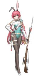 1girl absurdres alternate_costume aqua_leotard black_gloves black_pantyhose bolt_action carcano carcano_m1891_(girls&#039;_frontline) cheogtanbyeong commentary_request full_body girls&#039;_frontline gloves gun half_gloves highres holding holding_gun holding_weapon jacket korean_commentary leotard open_clothes open_jacket pantyhose pink_hair playboy_bunny rifle scope shoes simple_background sniper_rifle solo standing weapon white_background white_jacket white_shoes