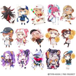 6+girls :d :o abigail_williams_(fate) altera_(fate) altera_the_santa_(fate) artoria_pendragon_(fate) ball barefoot baseball_(object) baseball_bat baseball_glove bikini black_bikini black_hair black_socks blonde_hair blue_eyes blue_hat blue_scarf blue_shirt blunt_bangs blush brown_shoes character_request charlotte_corday_(fate) chibi chibi_only chloe_von_einzbern closed_mouth colored_skin commentary_request dark-skinned_female dark_skin dragon elizabeth_bathory_(fate) elizabeth_bathory_(fate/extra) fate/grail_league fate/grand_order fate_(series) full_body hair_between_eyes hat holding holding_baseball_bat holding_pom_poms hood hood_up illyasviel_von_einzbern long_hair miyu_edelfelt multiple_girls mysterious_heroine_xx_(fate) namori official_art open_mouth pink_hat pink_shoes pom_pom_(cheerleading) pom_poms ponytail prisma_illya purple_hair purple_skin red_eyes saber_(fate) scarf shirt shoes short_hair short_sleeves shorts simple_background smile socks striped_clothes striped_shirt swimsuit tail tiara v-shaped_eyebrows van_gogh_(fate) white_background white_hat white_shirt white_shoes white_shorts wu_zetian_(fate) zenobia_(fate)