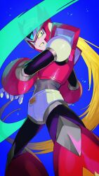 Rule 34 | 1boy, absurdres, armor, blonde hair, blue background, cowboy shot, energy sword, forehead jewel, green eyes, helmet, highres, holding, holding sword, holding weapon, long hair, male focus, mega man (series), mega man x8, mega man x (series), red armor, red helmet, simple background, slashing, solo, sword, weapon, yasaikakiage, z saber, zero (mega man)