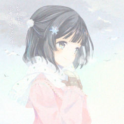 1girl bird black_hair blunt_bangs female_focus gloves multicolored_eyes original scarf short_hair smile snowflakes solo tiv