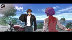 asamiya_athena black_jacket charlyarts hair_ornament idol jacket kusanagi_kyou motor_vehicle motorbike motorcycle purple_hair snk star_(symbol) star_hair_ornament the_king_of_fighters the_king_of_fighters_xv