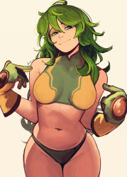 1girl absurdres blush boku_no_hero_academia breasts commentary english_commentary gloves green_eyes green_hair hagakure_toru highres large_breasts long_hair looking_at_viewer messy_hair navel official_alternate_costume pointing pointing_at_self raichiyo33 simple_background smile solo unusually_visible