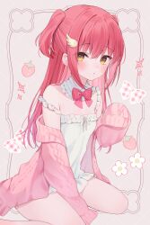 1girl absurdres bare_shoulders blush bow bowtie cardigan commentary commission detached_collar dress grey_background hair_ornament hand_up highres long_hair long_sleeves looking_at_viewer one_side_up open_cardigan open_clothes original parted_lips pink_cardigan red_bow red_bowtie red_hair rucaco sidelocks sitting skeb_commission sleeveless sleeveless_dress sleeves_past_fingers sleeves_past_wrists solo strap_slip twitter_username wariza watermark white_dress wing_hair_ornament yellow_eyes