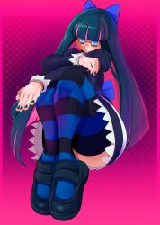 Rule 34 | 1girl, black dress, blue eyes, blue hair, bow, cashumeru, cut bangs, dress, hair bow, legs, legs together, long hair, looking at viewer, multicolored hair, panty &amp; stocking with garterbelt, pink hair, stocking (psg), striped clothes, striped thighhighs, thighhighs, two-tone hair, waist bow