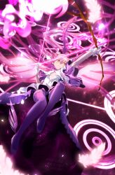 1girl arrow_(projectile) bow_(weapon) center_opening drawing_bow dress gloves highres holding holding_bow_(weapon) holding_weapon kaname_madoka looking_to_the_side magic magical_girl mahou_shoujo_madoka_magica mahou_shoujo_madoka_magica:_hangyaku_no_monogatari pink_hair sengoku_chidori solo thighhighs ultimate_madoka weapon white_dress white_gloves