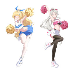 2girls absurdres alternate_costume alternate_hairstyle black_thighhighs blonde_hair blue_ribbon blue_skirt blush bow breasts carlotta_(wuthering_waves) cheerleader collarbone commentary_request crop_top full_body grey_hair hair_bow hair_ornament hair_ribbon highres korean_commentary large_breasts long_hair looking_at_viewer multiple_girls navel one_eye_closed pantyhose phoebe_(wuthering_waves) pink_bow pink_shirt pom_pom_(cheerleading) pongdo ponytail purple_eyes ribbon shirt shoes simple_background skirt sleeveless sleeveless_shirt smile standing standing_on_one_leg stomach tacet_mark_(wuthering_waves) thighband_pantyhose thighhighs very_long_hair white_background white_pantyhose white_shirt white_shoes white_skirt wuthering_waves x_hair_ornament
