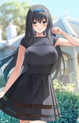 1girl abe_shihoko_(rc_f) arm_up black_hair blue_hairband blurry blurry_background blush breasts closed_mouth day depth_of_field dress glover_garden hair_between_eyes hairband highres keenh large_breasts leather leather_dress long_hair looking_to_the_side nagasaki original outdoors photo_background real_world_location see-through_clothes see-through_dress short_sleeves sidelocks sideways_glance signature smile solo standing tree very_long_hair