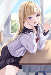 Rule 34 | 1girl, absurdres, black sailor collar, black skirt, blonde hair, blue sky, blush, bow, bowtie, buntason (buritarooooo), chair, classroom, commentary request, cowboy shot, crossed legs, curtains, day, desk, elbows on table, hands up, highres, indoors, leaning on object, long hair, long sleeves, looking at viewer, open mouth, open window, original, pleated skirt, purple eyes, red bow, red bowtie, sailor collar, school chair, school desk, school uniform, serafuku, shirt, sitting, skirt, sky, smile, solo, straight hair, tree, waving, white shirt, wind, window