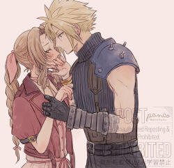1boy 1girl aerith_gainsborough ancotsubu armor armored_gloves artist_name bandaged_arm bandages belt black_gloves black_pants blonde_hair blue_eyes blue_shirt blush braid braided_ponytail brown_hair choker cloud_strife couple covering_own_mouth cropped_jacket dress earrings final_fantasy final_fantasy_vii final_fantasy_vii_remake flower_choker gloves hair_between_eyes hair_ribbon hand_over_own_mouth hetero highres holding_another&#039;s_wrist jacket jewelry long_hair looking_at_another monochrome pants parted_bangs pauldrons pink_dress pink_ribbon puffy_short_sleeves puffy_sleeves red_jacket ribbon shirt short_hair short_sleeves shoulder_armor sidelocks single_braid single_earring single_pauldron sketch sleeveless sleeveless_turtleneck spiked_hair suspenders sweatdrop turtleneck twitter_username
