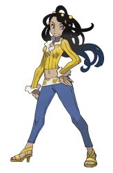 1girl absurdres black_hair blue_eyes breasts crop_top dahlia_(pokemon) dark-skinned_female dark_skin denim frilled_shirt_collar frills full_body hair_ornament hand_on_own_hip high_heels highres jeans long_hair long_sleeves medium_breasts midriff navel navel_piercing nintendo official_art pants piercing pokemon pokemon_dppt pokemon_platinum shoes solo standing sugimori_ken tan third-party_source transparent_background