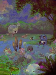 animal castform castform_(normal) creature creatures_(company) croagunk flower game_freak gen_1_pokemon gen_2_pokemon gen_3_pokemon gen_4_pokemon gen_5_pokemon goldeen grass kanami magikarp nature nintendo no_humans plant pokemon pokemon_(creature) poliwag quagsire river rock shellos shellos_(west) shelmet sitting surskit swimming tegaki tree tympole water wooper
