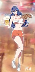 1girl alcohol alternate_costume artist_logo bare_legs beer beer_mug blue_eyes blue_hair blurry blurry_background breasts chicken_(food) chicken_leg commission crop_top cup fire_emblem fire_emblem_awakening fire_emblem_heroes foam food full_body grin hairband highres holding holding_cup holding_food holding_tray hooters logo long_hair looking_at_viewer lucina_(fire_emblem) midriff mug navel nintendo orange_shorts parted_lips pixiv_commission r3dfive red_lips shoes short_shorts shorts small_breasts smile sneakers solo stomach tank_top thighs tiara tray very_long_hair waitress wavy_hair white_shoes white_tank_top