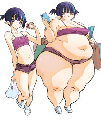 1girl absurdres bag bat_wings before_and_after belly blue_hair breasts cellphone crop_top fan fat fat_woman highres medium_breasts mimeticflesh multicolored_hair obese phone pointy_ears purple_hair red_eyes shopping_bag short_hair small_breasts smartphone standing twintails wings