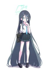 1girl 525_woiwo absurdly_long_hair absurdres aris_(blue_archive) bag black_hair black_shoes black_skirt blue_archive blue_eyes blue_necktie closed_mouth collared_shirt commentary_request full_body green_halo halo highres long_hair looking_at_viewer mary_janes necktie pleated_skirt ringed_eyes school_bag shirt shoes short_sleeves simple_background skirt smile socks standing v very_long_hair white_background white_shirt white_socks