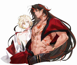 2boys abs absurdres asura_(onmyoji) bishounen black_hair blonde_hair bracelet chest_tattoo closed_mouth commentary commentary_request eyeliner facial_mark green_eyes hand_on_own_hip height_difference highres jewelry konsai_2 long_hair looking_at_viewer makeup male_focus multicolored_hair multiple_boys muscular muscular_male navel onmyoji pectorals red_eyeliner red_hair red_tattoo ring short_hair simple_background skinny streaked_hair taishakuten_(onmyoji) tattoo two-tone_hair upper_body white_background