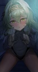 Rule 34 | 1girl, :o, absurdres, black gloves, black ribbon, blush, breasts, brown pantyhose, cockpit, covered navel, embarrassed, fur collar, fur trim, furrowed brow, gloves, gluteal fold, goddess of victory: nikke, green hair, hair between eyes, hair intakes, hair ribbon, hairband, heavy breathing, highres, index fingers together, kilo (nikke), leotard, long hair, long sleeves, looking at viewer, mechanical gloves, pantyhose, ribbon, shrug (clothing), sitting, small breasts, solo, ssa (kiseion), tearing up, thighs, yellow eyes, yellow hairband