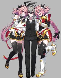 3boys androgynous astolfo_(fate) astolfo_(saber)_(fate) astolfo_(saber)_(first_ascension)_(fate) black_garter_straps black_pants black_thighhighs black_vest blush closed_mouth detached_sleeves dress_shirt dual_persona eyelashes fate/apocrypha fate/grand_order fate_(series) full_body garter_straps gold_trim gorget grey_background grey_hair hair_between_eyes haoro highres leg_up linea_alba male_focus multiple_boys open_mouth pants pink_eyes pleated_skirt purple_eyes red_eyes shirt shoulder_pads sieg_(fate) simple_background skirt thigh_gap thighhighs trap vest white_shirt wide_sleeves