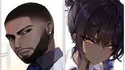1boy 1girl absurdres alternate_costume black_hair black_shirt blue_archive close-up dark-skinned_female dark-skinned_male dark_skin highres indonesian_high_school_uniform karin_(blue_archive) male_sensei_(blue_archive) original sensei_(blue_archive) shirt smile sstthei twitter white_shirt yellow_eyes