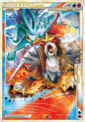 Rule 34 | animal focus, artist name, card (medium), character name, claws, company name, copyright name, copyright notice, eba sachiko, english text, entei, fangs, fire, gen 2 pokemon, highres, higuchi shinji, legendary pokemon, nintendo, no humans, official art, open mouth, pokemon, pokemon (creature), pokemon card, pokemon focus, pokemon tcg, red eyes, suicune, third-party source, tongue, trading card, water
