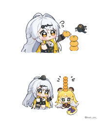 Rule 34 | 2girls, animal ear fluff, animal ears, black shoes, black shorts, blonde hair, blush, bow, brown gloves, chibi, chibi only, closed mouth, commentary, fingerless gloves, flying sweatdrops, food, food on head, fruit, fruit on head, full body, gloves, green eyes, grey hair, highres, hue oo, jacket, ju fufu, long hair, multicolored hair, multiple girls, multiple views, object on head, open mouth, orange (fruit), orange eyes, purple bow, shoes, short-sleeved jacket, short sleeves, shorts, simple background, smile, socks, standing, sweatdrop, symbol-only commentary, tail, tail bow, tail ornament, tiger ears, tiger girl, tiger tail, twitter username, two-tone hair, very long hair, white background, white hair, white socks, yellow jacket, yixuan (zenless zone zero), zenless zone zero