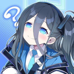1girl ? aris_(blue_archive) bad_id bad_pixiv_id black_hair blue_archive blue_eyes blue_necktie blush closed_mouth collared_shirt hair_between_eyes hairband halo jacket long_hair long_hair_between_eyes nada_haruka necktie ringed_eyes shirt smile solo upper_body white_shirt