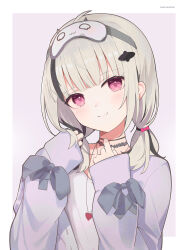 1girl absurdres arata_ryou asumi_sena asumi_sena_(5th_costume) black_choker black_hair blush border cardigan choker closed_mouth grey_hair hair_tie highres jewelry looking_at_viewer mask mask_on_head multicolored_hair necklace outside_border pink_eyes purple_background shirt sleep_mask solo streaked_hair twitter_username two-tone_hair virtual_youtuber vspo! white_border