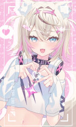Rule 34 | 1girl, :d, absurdres, animal ear fluff, animal ears, arm warmers, bandaid, bandaid hair ornament, blonde hair, blue eyes, collar, collar chain (jewelry), crop top, crossed bangs, dog ears, dog tail, fang, four-finger heart hands, gem, hair ornament, headphones, headphones around neck, heart, heart hands, highres, hololive, hololive english, kiriii, light blush, looking at viewer, mococo abyssgard, mococo abyssgard (1st costume), multicolored hair, navel, open mouth, pink background, pink gemstone, pink nails, pink streaks, print shirt, shirt, short hair, single bare shoulder, single off shoulder, skin fang, smile, solo, spiked collar, spikes, star-shaped gem, stomach, streaked hair, tail, upper body, viewfinder, virtual youtuber, white shirt, x hair ornament