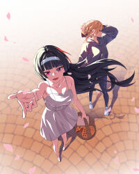 2girls absurdres astra_yao basket black_hair blonde_hair blunt_bangs breasts dress evelyn_chevalier floating_hair highres holding holding_basket hood hoodie long_hair looking_at_viewer looking_up multiple_girls red_eyes teabaek white_dress zenless_zone_zero