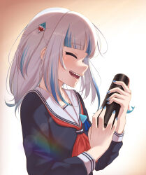 Rule 34 | 1girl, black shirt, blue hair, blue nails, blush, closed eyes, diploma tube, gawr gura, graduation, grey hair, hair ornament, highres, hololive, hololive english, hui yu, medium hair, nail polish, neckerchief, open mouth, red neckerchief, sailor collar, shark hair ornament, sharp teeth, shirt, sidelocks, solo, teeth, two side up, virtual youtuber, white sailor collar