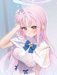 1girl absurdres agnamore arm_behind_back blue_archive blue_flower blush capelet covered_erect_nipples dress flower grin hair_between_eyes hair_bun hair_flower hair_ornament hair_scrunchie hand_in_own_hair highres long_hair looking_at_viewer mika_(blue_archive) pink_hair scrunchie see-through_clothes see-through_dress sidelocks single_side_bun smile sweatdrop wet wet_clothes wet_dress white_capelet white_dress white_scrunchie yellow_eyes