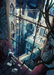 1boy absurdres air_bubble analog_clock ascot baracan black_cat black_pants book bridge bubble building castle cat clock commentary_request crown gardening_shears highres inkwell jellyfish legwear_garter looking_outside male_focus open_book original pants paper petals plant roman_numeral shirt short_hair single_sock_removed solo stained_glass stairs stingray telescope tentacles thorns underwater vines whale white_ascot white_hair white_shirt window