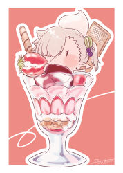 1girl blush brown_background brown_jacket chibi ear_piercing food food-themed_hair_ornament fruit hair_ornament highres holding holding_food in_food jacket mini_person minigirl nikki_kyousuke original outline parfait piercing pointy_ears signature solo strawberry two-tone_background wafer_stick white_background white_outline