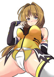 Rule 34 | 1girl, absurdres, arm behind back, bare shoulders, black gloves, blue eyes, blush, breasts, brown hair, cameltoe, choukou (alicesoft), choukou sennin haruka, closed mouth, crotch seam, elbow gloves, fingerless gloves, fishnets, gloves, gluteal fold, hair intakes, highres, large breasts, long hair, looking at viewer, medium breasts, no pants, panties, shirt, simple background, smile, solo, spread legs, takamori haruka, thighhighs, underwear, user vfpt8527, very long hair, white background, white panties, white thighhighs, yellow shirt