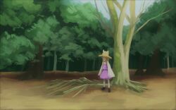 Rule 34 | 1girl, black shoes, blonde hair, brown hat, closed mouth, commentary request, day, expressionless, forest, full body, hat, long sleeves, looking at viewer, moriya suwako, nature, outdoors, purple skirt, purple vest, ritsuzou, shoes, short hair, skirt, sleeves past fingers, sleeves past wrists, solo, touhou, tree, vest, wide sleeves