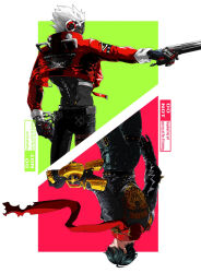 2boys ahoge belt belt_chain billy_kid black_belt black_gloves black_jacket black_pants blue_pants chain clenched_hand cropped_jacket cyborg from_behind gloves green_background green_hair gun hair_between_eyes handgun highres holding holding_gun holding_weapon jacket leather leather_jacket lighter_(zenless_zone_zero) long_sleeves looking_to_the_side male_focus multiple_boys outstretched_arm pants parted_lips red_background red_jacket red_scarf sashimi_(sashimi_4_0) scarf short_hair shoulder_spikes spiked_hair spiked_jacket spikes standing studded_belt sunglasses thigh_strap torn_clothes torn_scarf upside-down v-shaped_eyebrows watermark weapon white_background white_hair yellow_eyes zenless_zone_zero
