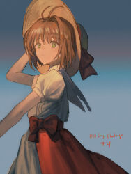 Rule 34 | 1girl, absurdres, antenna hair, brown hair, brown hat, cardcaptor sakura, catzz, commentary request, cowboy shot, dress, green eyes, hand on headwear, hand up, hat, hat ribbon, highres, kinomoto sakura, kinomoto sakura (memories), looking afar, outdoors, parted lips, puffy short sleeves, puffy sleeves, ribbon, short sleeves, sky, solo, sun hat, white dress