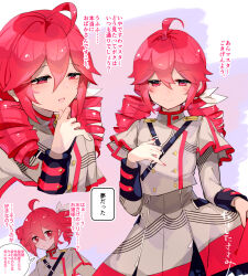 1girl ahoge alternate_hairstyle belt black_sleeve_cuffs buttons cowboy_shot double-breasted drill_hair grey_jacket grey_skirt hair_between_eyes half-closed_eyes hand_on_own_chin highres jacket kasane_teto kasane_teto_(sv) long_sleeves low_twintails multiple_views pink_nails red_eyes red_hair red_trim ribbon seductive_smile shoulder_belt shoulder_boards skirt smile speech_bubble stroking_own_chin synthesizer_v thought_bubble torino_sasami translation_request twin_drills twintails upper_body utau white_ribbon